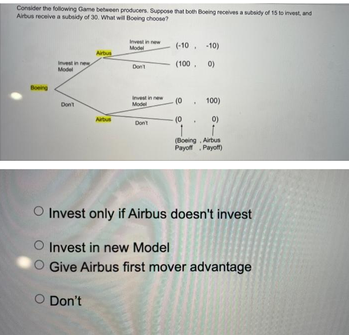 Consider the following Game between producers. Suppose that both Boeing receives a subsidy of 15 to invest, and
Airbus receive a subsidy of 30. What will Boeing choose?
Invest in new
Model
(-10 , -10)
Airbus
Invest in new
Model
(100, 0)
Don't
Boeing
Invest in new
(0
100)
Don't
Model
(0
0)
Airbus
Don't
(Boeing , Airbus
Payoff . Payoff)
O Invest only if Airbus doesn't invest
O Invest in new Model
O Give Airbus first mover advantage
O Don't
