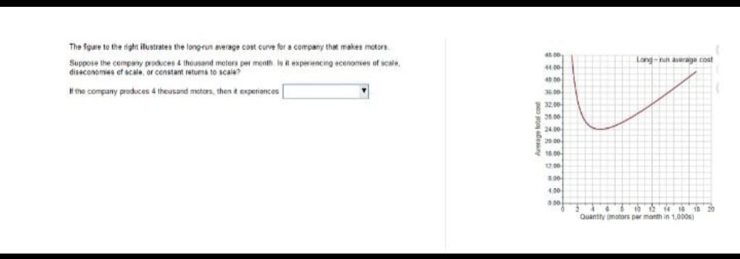 The figure to the right illustrates the long-run average cost curve for a company that makes motors.
Suppose the company produces & thousand moters per month. Is it experiencing economies of scale,
diseconomies of scale, or constant returns to scale?
If the company produces 4 theusand motors, then it experiences
Average total cont
45.00
44.00
40 00
36.00
32.00
28.00
24.00
20.00
16.00
12:00
5.00
4.00
0.00
Long-nun average cost
4610 12 14 16 18 20
Quantity (motors per month in 1,000)