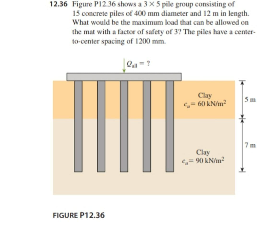 12.36 Figure P12.36 shows a 3 X 5 pile group consisting of
15 concrete piles of 400 mm diameter and 12 m in length.
What would be the maximum load that can be allowed on
the mat with a factor of safety of 3? The piles have a center-
to-center spacing of 1200 mm.
Qall = ?
Clay
Cu= 60 kN/m²
5 m
7 m
Clay
C„= 90 kN/m²
FIGURE P12.36
