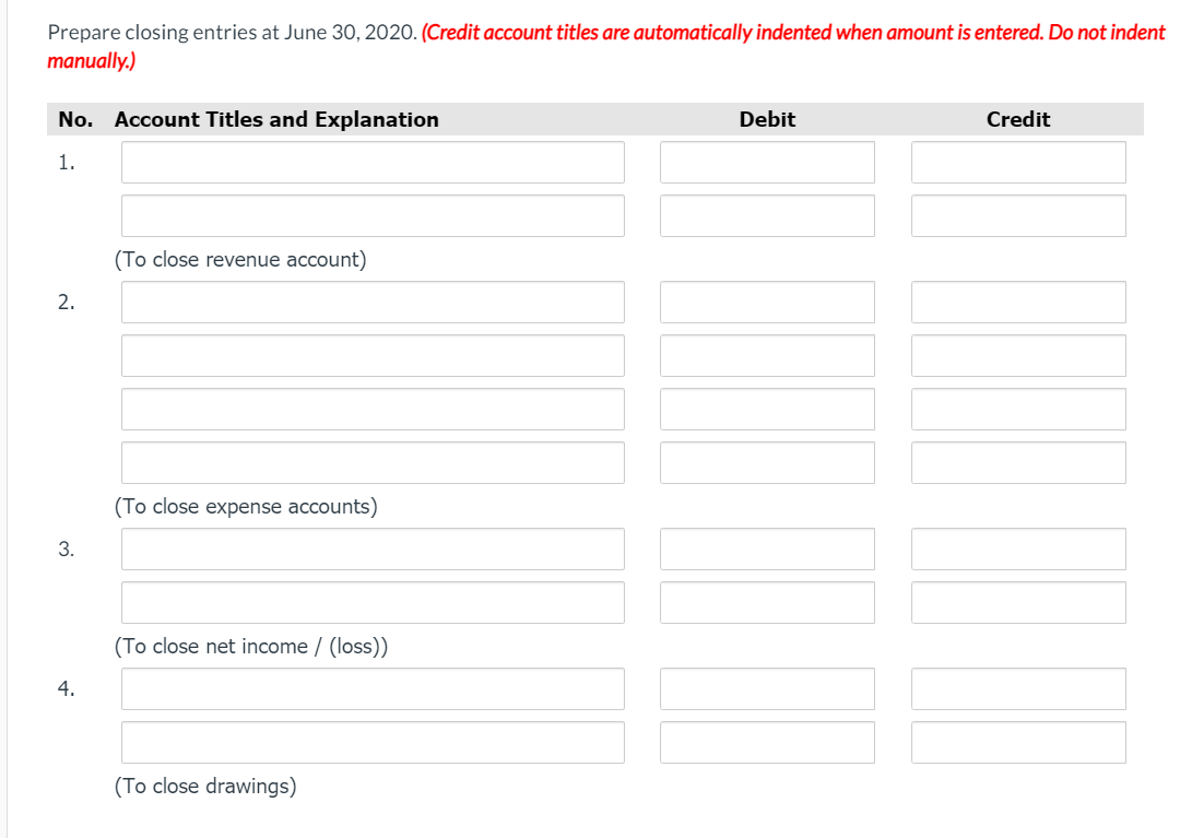 Prepare closing entries at June 30, 2020. (Credit account titles are automatically indented when amount is entered. Do not indent
manually.)
No. Account Titles and Explanation
Debit
Credit
1.
(To close revenue account)
2.
(To close expense accounts)
3.
(To close net income / (loss))
4.
(To close drawings)
