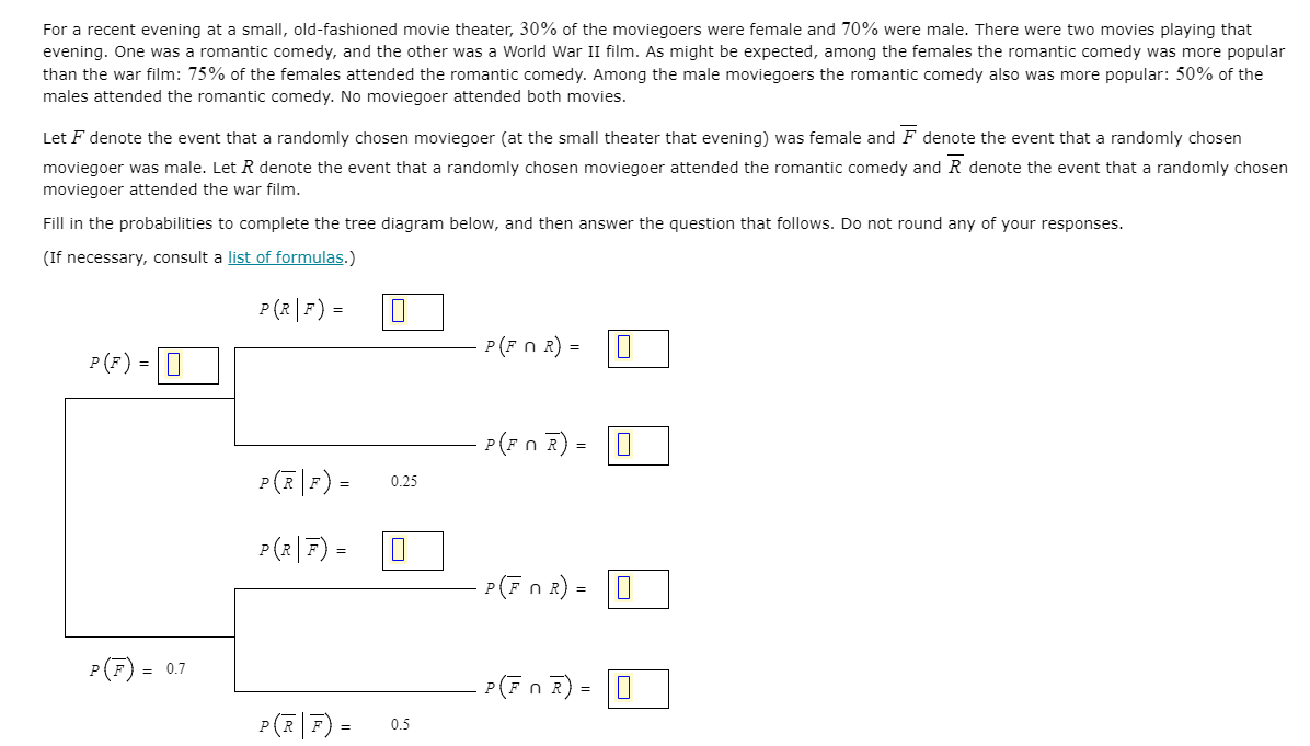 For a recent evening at a small, old-fashioned movie theater, 30% of the moviegoers were female and 70% were male. There were two movies playing that
evening. One was a romantic comedy, and the other was a World War II film. As might be expected, among the females the romantic comedy was more popular
than the war film: 75% of the females attended the romantic comedy. Among the male moviegoers the romantic comedy also was more popular: 50% of the
males attended the romantic comedy. No moviegoer attended both movies.
Let F denote the event that a randomly chosen moviegoer (at the small theater that evening) was female and F denote the event that a randomly chosen
moviegoer was male. Let R denote the event that a randomly chosen moviegoer attended the romantic comedy and R denote the event that a randomly chosen
moviegoer attended the war film.
Fill in the probabilities to complete the tree diagram below, and then answer the question that follows. Do not round any of your responses.
(If necessary, consult a list of formulas.)
P (R|F) =
P(F n R) =
P(F) = |0
P(F n
P(R|F) =
0.25
P(2|7) =
P(F n x)
0.7
P(7 n R)
P(R|F)
0.5
