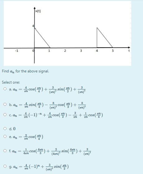 Tx(t)
-1
1
3
5
Find a, for the above signal.
Select one:
습cos(필) +.
3
3
:sin(팔) +
O a. an=
(am)
숲sin(플) -
숲(-1)-" + c08(팔) - + cs(끝)
O b. an
8
co
%3D
(m)
O c. an =
O d.0
O e. an
옮cos(필)
O f. an
(dan)
sin() +
(mm)
슈(-1)" +
(m)
: sin(끌)
3
O g. an
2.
