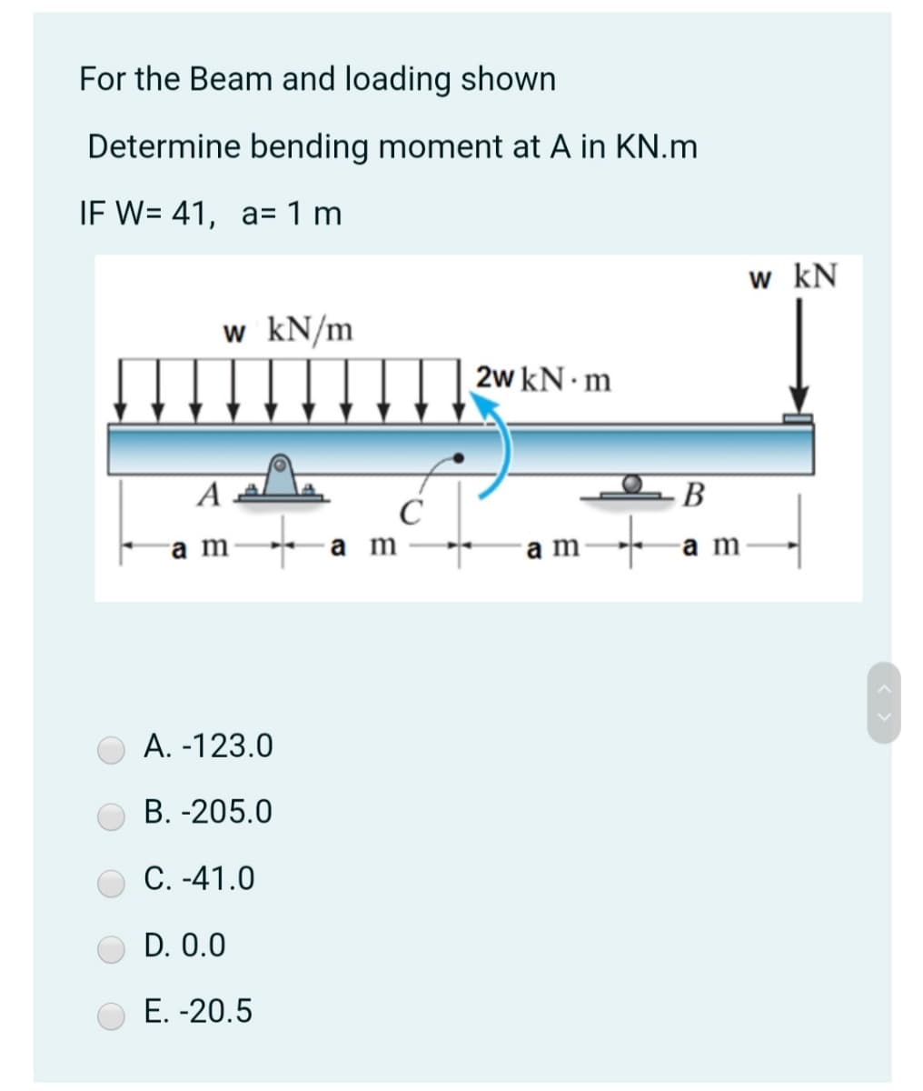 For the Beam and loading shown
Determine bending moment at A in KN.m
IF W= 41, a=1 m
w kN
w kN/m
2w kN m
A .
B
ra m-
a m→-a m
a m
А. -123.0
В. -205.0
C. -41.0
D. 0.0
Е. -20.5
