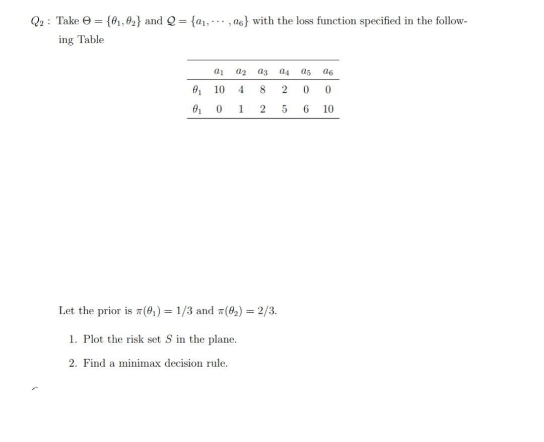 Q2 Take = {01, 02} and Q= {a1,, a6} with the loss function specified in the follow-
ing Table
a1 a2
аз
a4 a5
a6
01
10
01 10 4 8
2
0
0
1
2
5
6
10
Let the prior is (01) = 1/3 and (02) = 2/3.
1. Plot the risk set S in the plane.
2. Find a minimax decision rule.