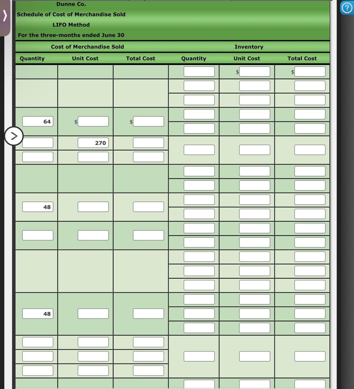 <
Dunne Co.
Schedule of Cost of Merchandise Sold
LIFO Method
For the three-months ended June 30
Cost of Merchandise Sold
Quantity
64
48
48
Unit Cost
270
Inventory
Unit Cost
Total Cost
$
Total Cost
Quantity
$
☐ ☐
I IIII
?