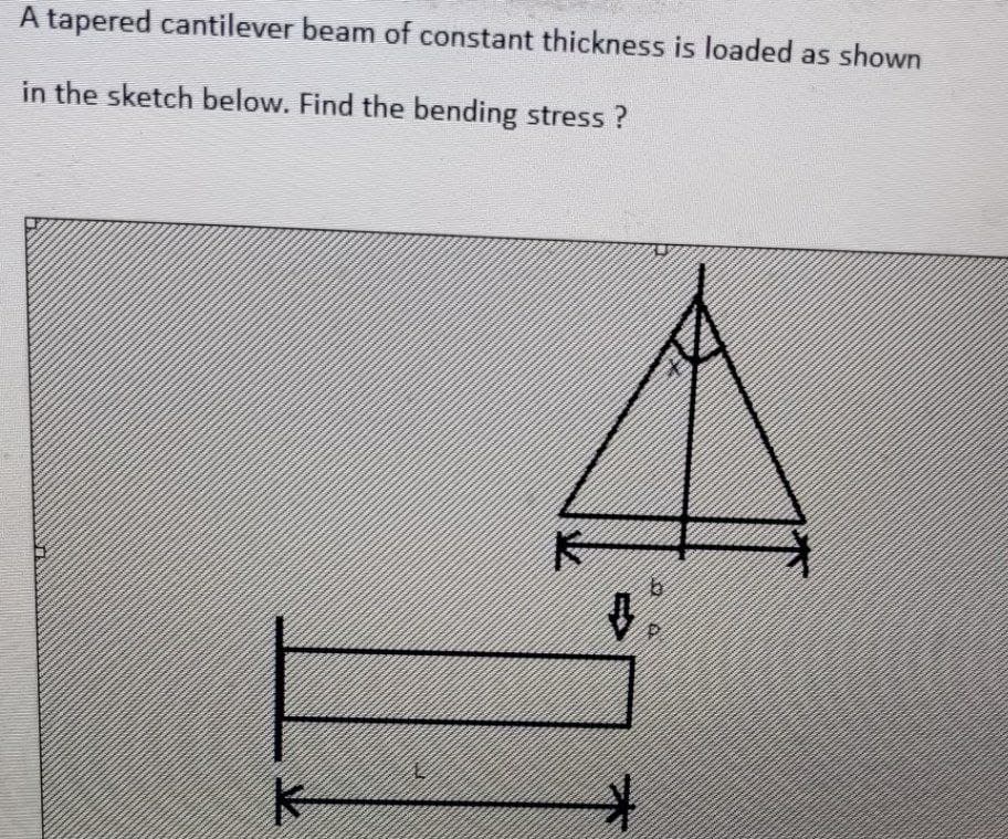 A tapered cantilever beam of constant thickness is loaded as shown
in the sketch below. Find the bending stress ?
