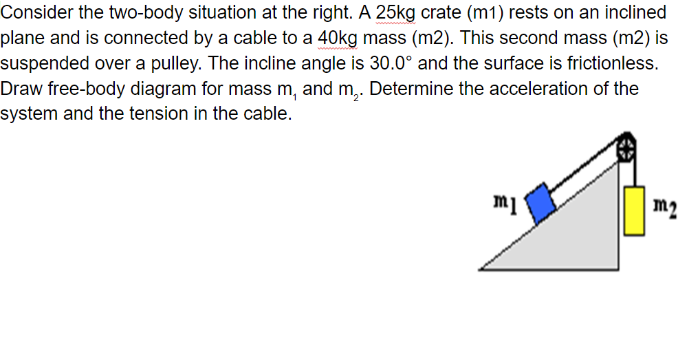 Consider the two-body situation at the right. A 25kg crate (m1) rests on an inclined
plane and is connected by a cable to a 40kg mass (m2). This second mass (m2) is
suspended over a pulley. The incline angle is 30.0° and the surface is frictionless.
Draw free-body diagram for mass m, and m,. Determine the acceleration of the
system and the tension in the cable.
m2
