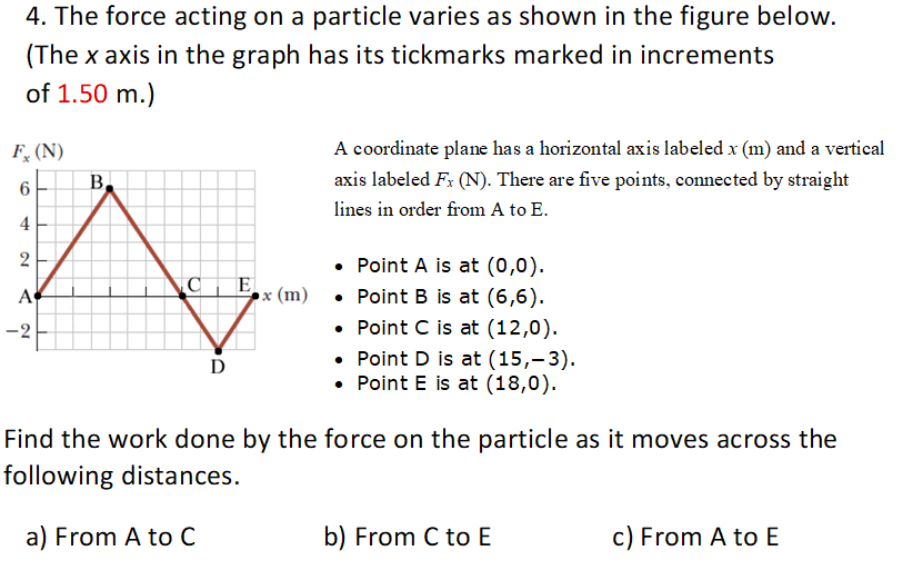 4. The force acting on a particle varies as shown in the figure below.
(The x axis in the graph has its tickmarks marked in increments
of 1.50 m.)
F, (N)
A coordinate plane has a horizontal axis labeled x (m) and a vertical
6
B.
axis labeled Fx (N). There are five points, connected by straight
lines in order from A to E.
4
• Point A is at (0,0).
x (m) • Point B is at (6,6).
• Point C is at (12,0).
• Point D is at (15,–3).
• Point E is at (18,0).
E
A
-2
D
Find the work done by the force on the particle as it moves across the
following distances.
a) From A to C
b) From C to E
c) From A to E
