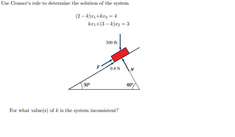 Use Cramer's rule to determine the solution of the system
(2 – k)æ1+kx2 = 4
kai+(3 – k)x2 = 3
300 lb
F
0.4 N
30°
60°
For what value(s) of k is the system inconsistent?
