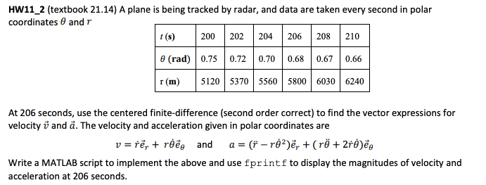 HW11_2 (textbook 21.14) A plane is being tracked by radar, and data are taken every second in polar
coordinates 0 and r
t (s)
200
202
204
206
208
210
e (rad)
0.75 0.72 0.70
0.68
0.67
0.66
r (m)
5120 5370 5560 5800 6030 6240
At 206 seconds, use the centered finite-difference (second order correct) to find the vector expressions for
velocity i and å. The velocity and acceleration given in polar coordinates are
v = rë, + rôë, and a = (* – rô?)ẽ, +(rö + 2rô)ẽg
Write a MATLAB script to implement the above
| use fprintf to display the magnitudes of velocity and
acceleration at 206 seconds.
