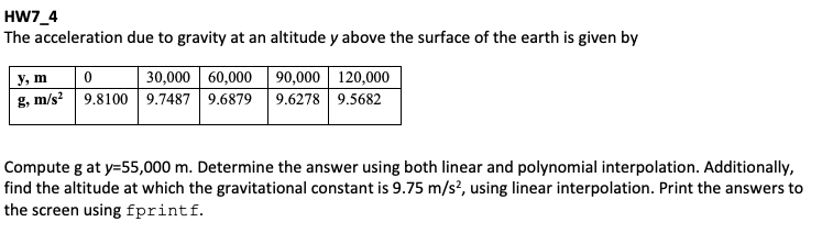 HW7_4
The acceleration due to gravity at an altitude y above the surface of the earth is given by
30,000 60,000 90,000 | 120,000
| y, m
g, m/s? 9.8100 9.7487 9.6879
9.6278 9.5682
Compute g at y=55,000 m. Determine the answer using both linear and polynomial interpolation. Additionally,
find the altitude at which the gravitational constant is 9.75 m/s², using linear interpolation. Print the answers to
the screen using fprintf.
