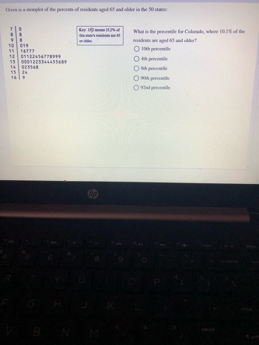 Given is a stemplot of the percents of residents aged 65 and older in the 50 states:
7 0
Key: 152 means 15.2% of
What is the percentile for Colorado, where 10.1% of the
8
8
this state's residents are 65
8
or older.
residents are aged 65 and older?
10
019
O 10th percentile
16777
01122456778999
13
11
12
O 4th percentile
0001223344455689
023568
14
O 8th percentile
15
24
16
O 90th percentile
O 92nd percentile
delete
backspace
home
G
BN
pause
