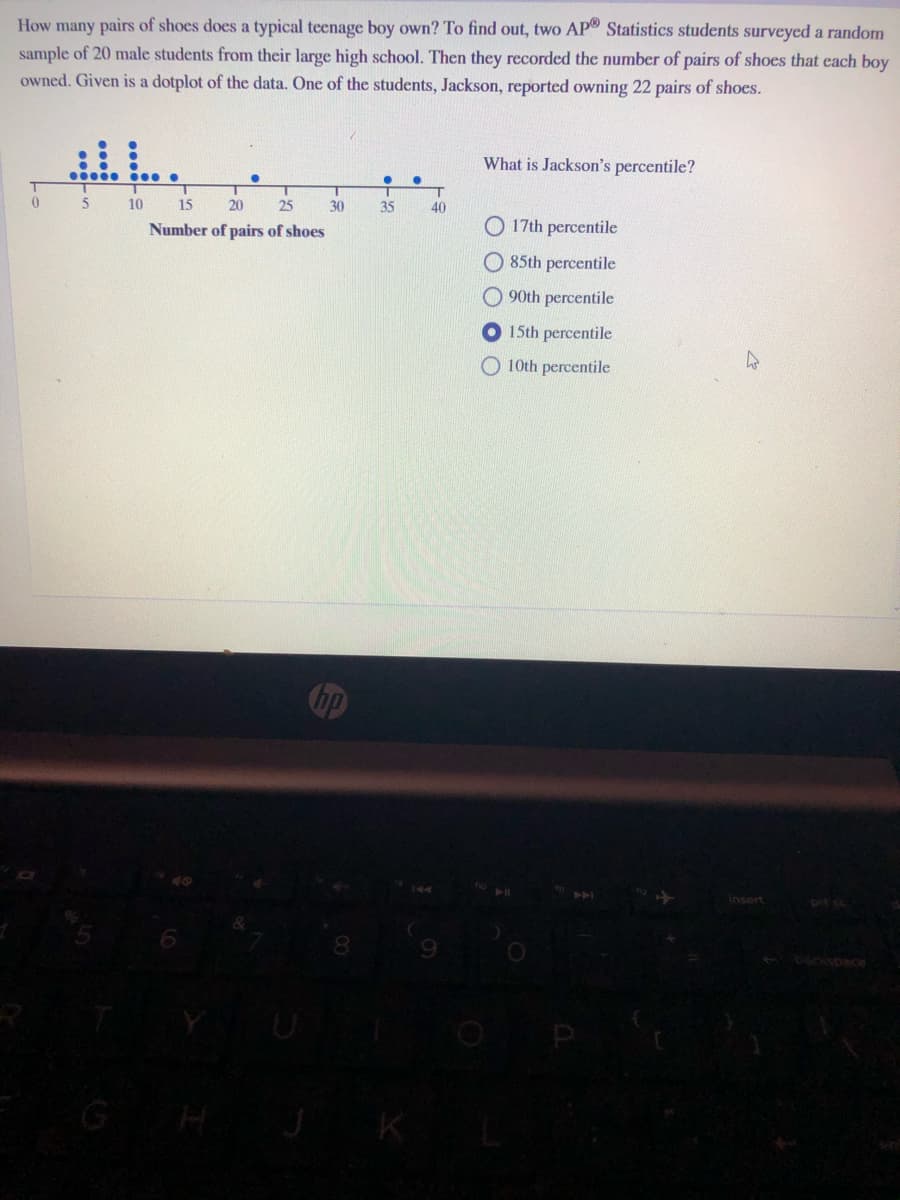 How many pairs of shoes does a typical teenage boy own? To find out, two AP Statistics students surveyed a random
sample of 20 male students from their large high school. Then they recorded the number of pairs of shoes that each boy
owned. Given is a dotplot of the data. One of the students, Jackson, reported owning 22 pairs of shoes.
..
What is Jackson's percentile?
.000. .
10
15
20
25
30
35
40
Number of pairs of shoes
17th percentile
O 85th percentile
90th percentile
O 15th percentile
O 10th percentile
prt sc
