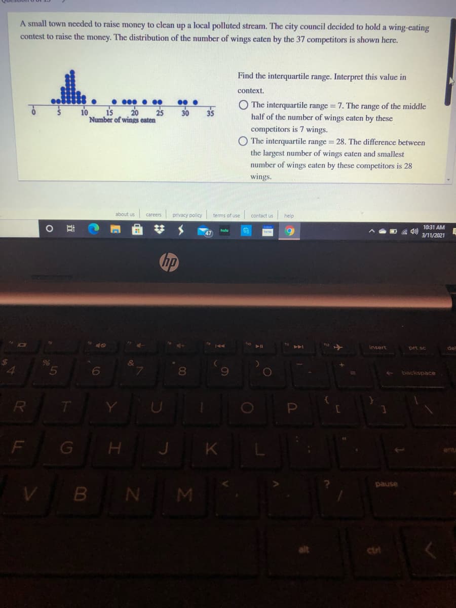 A small town needed to raise money to clean up a local polluted stream. The city council decided to hold a wing-cating
contest to raise the money. The distribution of the number of wings eaten by the 37 competitors is shown here.
Find the interquartile range. Interpret this value in
context.
• 000 • 0
20
25
Number of wings eaten
O The interquartile range = 7. The range of the middle
half of the number of wings eaten by these
10
is
30
35
competitors is 7 wings.
O The interquartile range = 28. The difference between
the largest number of wings eaten and smallest
number of wings eaten by these competitors is 28
wings.
about us
careers
privacy policy
terms of use
contact us
help
10:31 AM
3/11/2021
40
insert
prt sc
de
%24
%
&
7.
8.
backspace
R
T.
H
J
K
pause
V B N M
cirt
立
