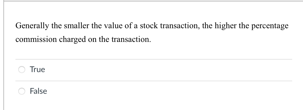 Generally the smaller the value of a stock transaction, the higher the percentage
commission charged on the transaction.
True
False