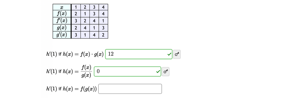 1
g(x)
g'(x)
N|W|N|-
X
f(x) 2
f'(x) 3 2
A|N| → N
3
2
h'(1) if h(x) =
1
2 4
3
3
4
حاحا حاس
4 1
1
3
1 4 2
0
4
h'(1) if h(x) = f(x) · g(x) 12
f(x)
g(x)
h'(1) if h(x) = f(g(x))