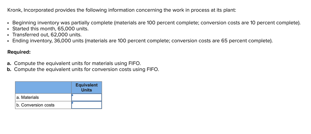 Kronk, Incorporated provides the following information concerning the work in process at its plant:
Beginning inventory was partially complete (materials are 100 percent complete; conversion costs are 10 percent complete).
Started this month, 65,000 units.
●
Transferred out, 62,000 units.
Ending inventory, 36,000 units (materials are 100 percent complete; conversion costs are 65 percent complete).
Required:
a. Compute the equivalent units for materials using FIFO.
b. Compute the equivalent units for conversion costs using FIFO.
a. Materials
b. Conversion costs
Equivalent
Units