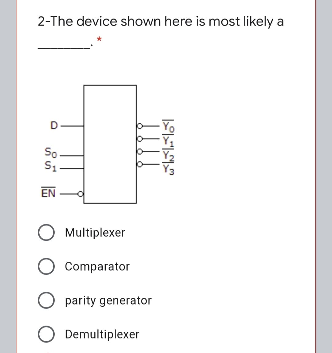 2-The device shown here is most likely a
D.
So-
S1
EN
Multiplexer
Comparator
O parity generator
Demultiplexer
