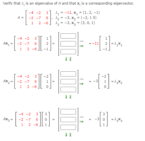 Verify that a, is an eigenvalue of A and that x, is a corresponding eigenvector.
-11, x, = (1, 2, -1)
3, х, - (-2, 1 0)
-3, x, = (3, 0, 1)
-4 -2
3
=
A =
-2 -7
6.
= -
=
1.
2 -6
-4 -2
3
1
Ах,
-2 -7
= -11
2 -6
-4 -2
3
-2
-2
Ax2 =
= -3
=1X2
-2 -7
=
2 -6
-4 -2
AX3 =
-2 -7
6
-3
2 -6
m66
