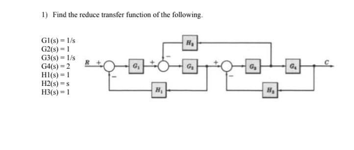 1) Find the reduce transfer function of the following.
Gl(s) = 1/s
G2(s) = 1
G3(s) = 1/s
G4(s) = 2
Hl(s) = 1
H2(s) = s
H3(s) = 1
G₁
H₁
H₂
G₂
G₁
H₂
G