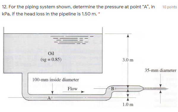 12. For the piping system shown, determine the pressure at point "A", in
10 points
kPa, if the head loss in the pipeline is 1.50 m. *
Oil
(sg = 0.85)
3.0 m
%3D
35-mm diameter
100-mm inside diameter
Flow
B.
A+
1.0 m
