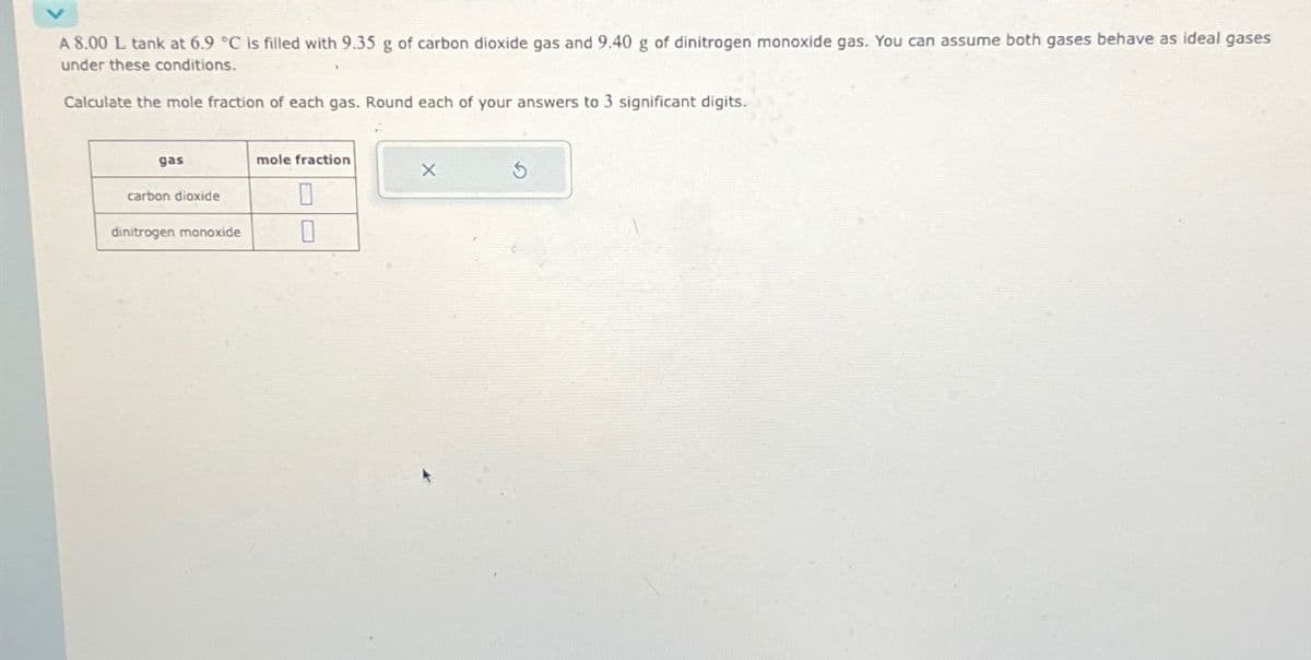 A 8.00 L tank at 6.9 °C is filled with 9.35 g of carbon dioxide gas and 9.40 g of dinitrogen monoxide gas. You can assume both gases behave as ideal gases
under these conditions.
Calculate the mole fraction of each gas. Round each of your answers to 3 significant digits.
gas
carbon dioxide
dinitrogen monoxide
mole fraction
0
X
S