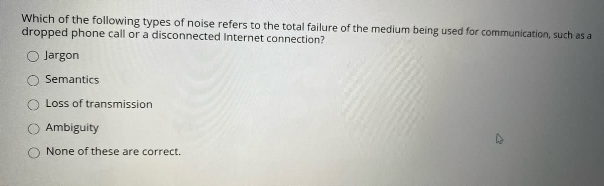 Which of the following types of noise refers to the total failure of the medium being used for communication, such as a
dropped phone call or a disconnected Internet connection?
Jargon
Semantics
Loss of transmission
Ambiguity
None of these are correct.
