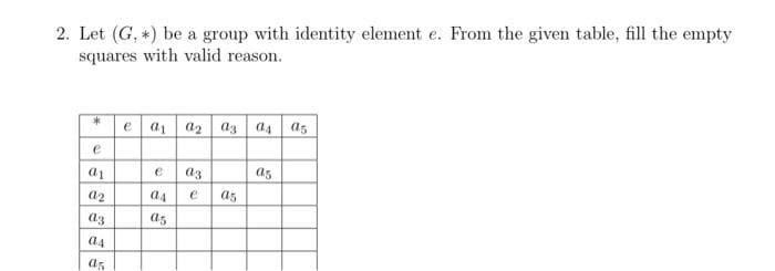 2. Let (G, *) be a group with identity element e. From the given table, fill the empty
squares with valid reason.
*
e
a1
a2
az
04
as
e a1 a2 a3 a4 a5
e az
a4 e
az
az
a5