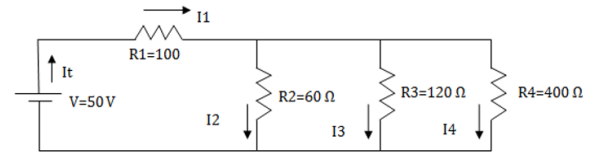 I1
R1=100
It
R2=60 N
R3=120 N
R4=400 N
V=50V
12
13
14
