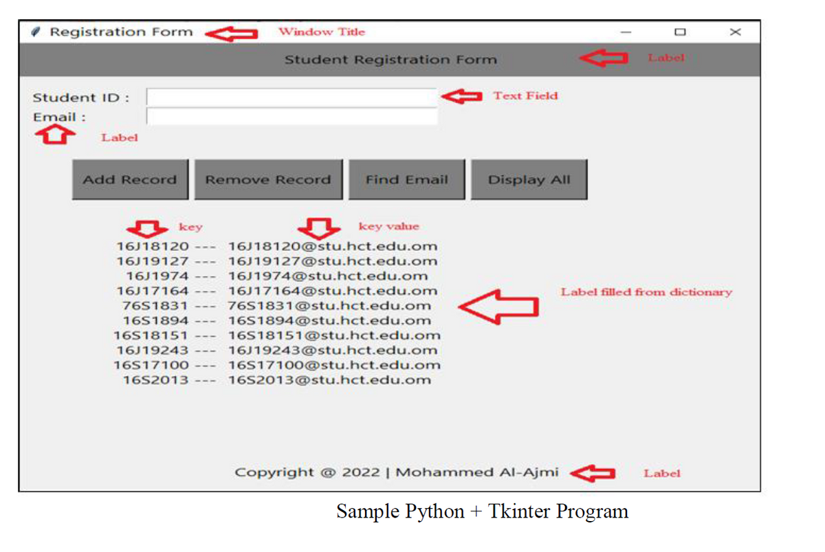 Registration Form
Student ID:
Email :
Label
Add Record
Window Title
Student Registration Form
Find Email
Remove Record
key
key value
16J18120 ---
16J19127
16J1974
16J17164
16J18120@stu.hct.edu.om
16J19127@stu.hct.edu.om
16J1974@stu.hct.edu.om
16J17164@stu.hct.edu.om
76S1831@stu.hct.edu.om
16S1894@stu.hct.edu.om
16S18151@stu.hct.edu.om
76S1831
16S1894
16S18151
16J19243
16J19243@stu.hct.edu.om
16S17100
16S17100@stu.hct.edu.om
16S2013 --- 16S2013@stu.hct.edu.om
Label
Label filled from dictionary
Label
Text Field
Display All
Copyright @ 2022 | Mohammed Al-Ajmi
Sample Python + Tkinter Program
