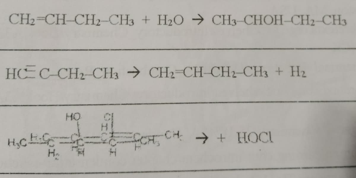 CH2=CH-CH2 CH3 + H2O → CH3-CHOH-CH2-CH3
HC C-CH2 CH3 → CH2=CH CH2-CH3 + H2
HỌ
CH + HOCI
H.
