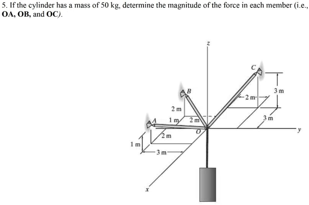 5. If the cylinder has a mass of 50 kg, determine the magnitude of the force in each member (i.e.,
OA, OB, and OC).
1m
2 m
3 m
1m
2 m
2 m
0
-2 m-
3 m
3m
y