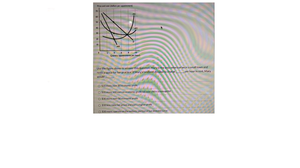Price and cost (dollars per appointment)
70
60
50
40
30
20
10
MR
10
Quantity (appointments per hour)
Use the figure above to answer this question. Mary is the only veterinarian in a small town and
rents a space for her practice. If Mary's landlord decided to charge
per hour in rent, Mary
would
O $20 more; earn $0 economic profit
O $20 more; still earn an economic profit because she is a monopolist
O $30 more; earn $0 economic profit
O $10 less; raise her prices and earn a higher profit
O $30 more; operate on the inelastic portion of her demand curve

