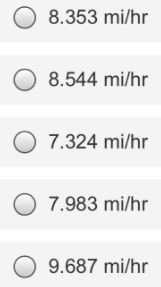 8.353 mi/hr
O 8.544 mi/hr
O 7.324 mi/hr
O 7.983 mi/hr
O 9.687 mi/hr
