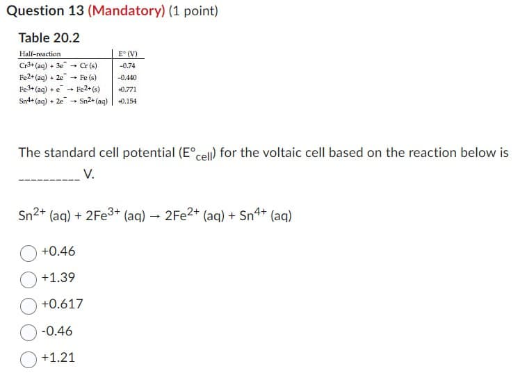 Question 13 (Mandatory) (1 point)
Table 20.2
Half-reaction
Cr3+(aq) + 3e→Cr(s)
Fe2+(aq) + 2e
Fe3+(aq) + e
Sn4+ (aq) + 2e
E°(V)
-0.74
Fe(s)
-0.440
Fe2+(s)
+0.771
-
Sn2+(aq) +0.154
-
The standard cell potential (E° cell) for the voltaic cell based on the reaction below is
V.
Sn2+(aq) + 2Fe3+ (aq) → 2Fe2+ (aq) + Sn4+ (aq)
+0.46
+1.39
+0.617
-0.46
+1.21