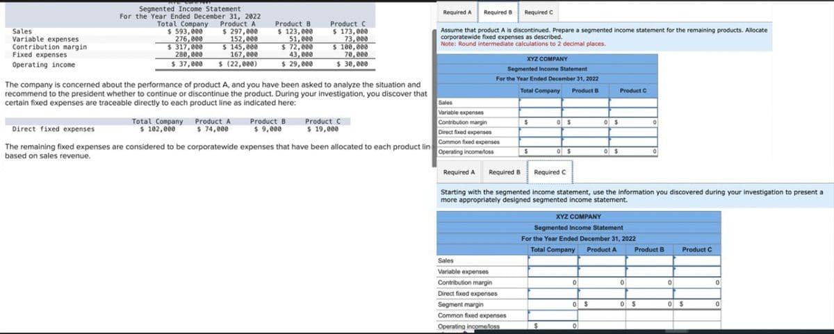 Sales
Variable expenses
Contribution margin
Fixed expenses
Operating income
Segmented Income Statement
For the Year Ended December 31, 2022
Total Company Product A
$ 593,000
276,000
$ 297,000
152,000
$ 317,000
280,000
$ 145,000
167,000
$ 37,000 $ (22,000)
Total Company
$ 102,000
Product B
$ 123,000
51,000
$ 72,000
43,000
$ 29,000
The company is concerned about the performance of product A, and you have been asked to analyze the situation and
recommend to the president whether to continue or discontinue the product. During your investigation, you discover that
certain fixed expenses are traceable directly to each product line as indicated here:
Product A
$ 74,000
Product C
$ 173,000
73,000
$ 100,000
70,000
$ 30,000
Product B
$9,000
Product C
$ 19,000
Direct fixed expenses
The remaining fixed expenses are considered to be corporatewide expenses that have been allocated to each product lin
based on sales revenue.
Required A Required B Required C
Assume that product A is discontinued. Prepare a segmented income statement for the remaining products. Allocate
corporatewide fixed expenses as described.
Note: Round intermediate calculations to 2 decimal places.
XYZ COMPANY
Segmented Income Statement
For the Year Ended December 31, 2022
Total Company
Sales
Variable expenses
Contribution margin
Direct fixed expenses
Common fixed expenses
Operating income/loss
Required A Required B
$
Sales
Variable expenses
Contribution margin
Direct fixed expenses
Segment margin
Common fixed expenses
Operating income/loss
$
0 $
0 $
Required C
$
Product B
0
o s
0
$
Starting with the segmented income statement, use the information you discovered during your investigation to present a
more appropriately designed segmented income statement.
XYZ COMPANY
Segmented Income Statement
For the Year Ended December 31, 2022
Total Company Product A
0 $
0 $
0
Product C
0
0
0
0 $
Product B
0
Product C
0 $
0
0