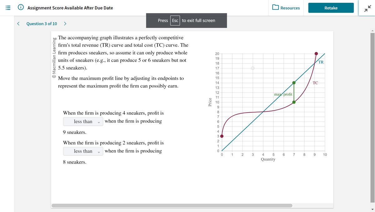 !!!
<
Assignment Score Available After Due Date
Question 3 of 10 >
O Macmillan Learning
The accompanying graph illustrates a perfectly competitive
firm's total revenue (TR) curve and total cost (TC) curve. The
firm produces sneakers, so assume it can only produce whole
units of sneakers (e.g., it can produce 5 or 6 sneakers but not
5.5 sneakers).
Press Esc to exit full screen
Move the maximum profit line by adjusting its endpoints to
represent the maximum profit the firm can possibly earn.
When the firm is producing 4 sneakers, profit is
less than
when the firm is producing
9 sneakers.
When the firm is producing 2 sneakers, profit is
less than
when the firm is producing
8 sneakers.
Price
20
19
18
17
16
15
14
13
12
11
10
9
8
7
6
5
4
ON WA
3
2
1
0
0
1
2
0
3
Resources
max. profit
4 5
Quantity
6
7
8
TR
TC
9
Retake
10