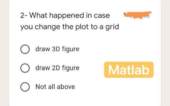 2- What happened in case
you change the plot to a grid
Odraw 3D figure
Odraw 2D figure
O Not all above
Matlab