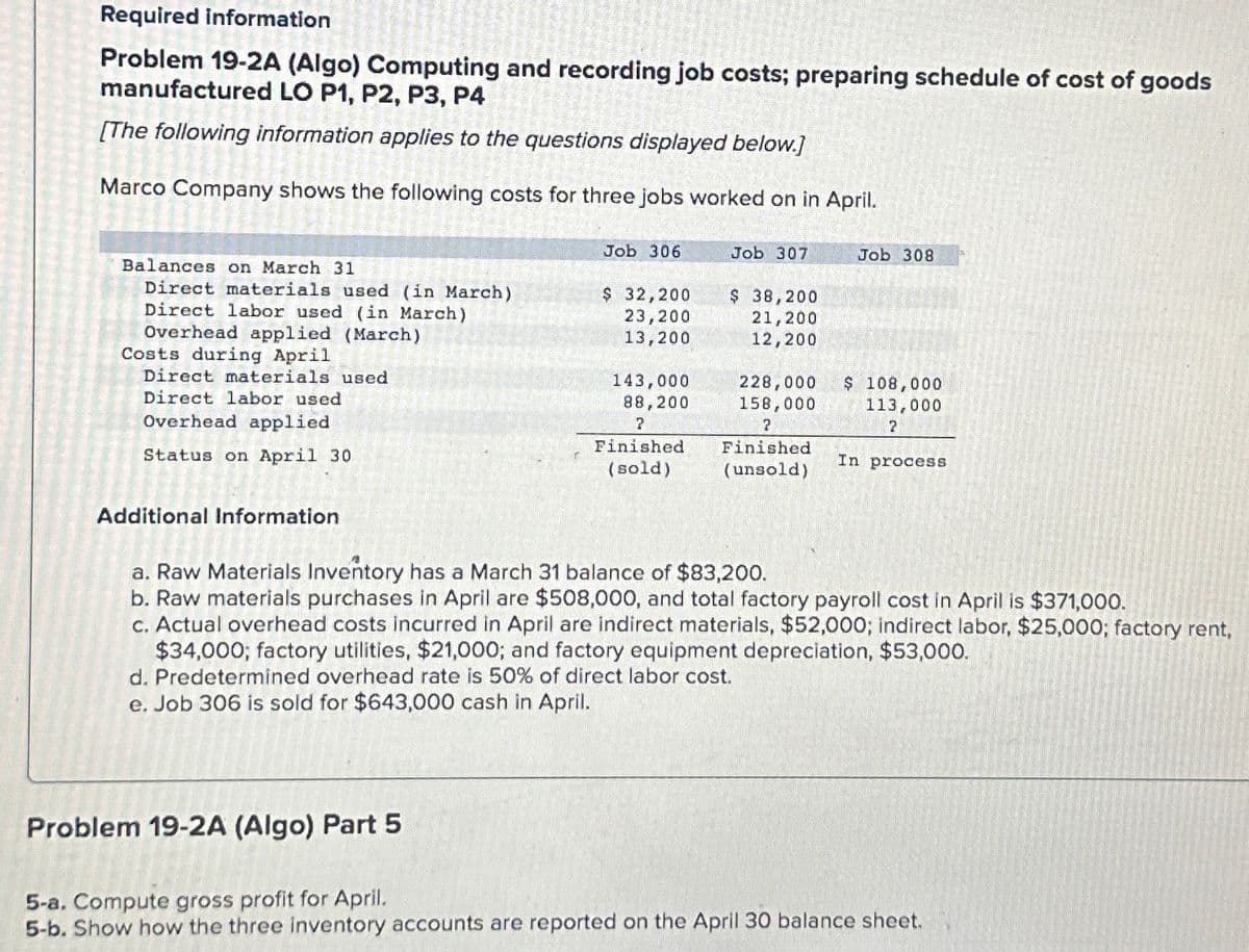 Required information
Problem 19-2A (Algo) Computing and recording job costs; preparing schedule of cost of goods
manufactured LO P1, P2, P3, P4
[The following information applies to the questions displayed below.]
Marco Company shows the following costs for three jobs worked on in April.
Job 306
Job 307
Job 308
Balances on March 31
Direct materials used (in March)
Direct labor used (in March)
$ 32,200
Overhead applied (March)
23,200
13,200
$ 38,200
21,200
12,200
Costs during April
Direct materials used
143,000
Direct labor used.
Overhead applied
Status on April 30
88,200
?
Finished
(sold)
228,000 $ 108,000
158,000
?
Finished
(unsold)
113,000
?
In process
Additional Information
a. Raw Materials Inventory has a March 31 balance of $83,200.
b. Raw materials purchases in April are $508,000, and total factory payroll cost in April is $371,000.
c. Actual overhead costs incurred in April are indirect materials, $52,000; indirect labor, $25,000; factory rent,
$34,000; factory utilities, $21,000; and factory equipment depreciation, $53,000.
d. Predetermined overhead rate is 50% of direct labor cost.
e. Job 306 is sold for $643,000 cash in April.
Problem 19-2A (Algo) Part 5
5-a. Compute gross profit for April.
5-b. Show how the three inventory accounts are reported on the April 30 balance sheet.