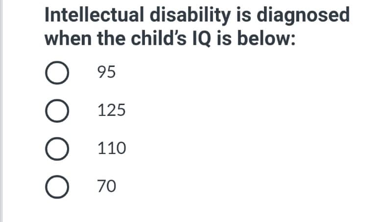 Intellectual disability is diagnosed
when the child's IQ is below:
95
125
110
70
O O O
