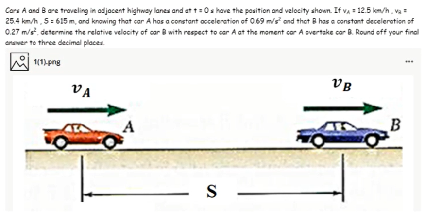 Cars A and B are traveling in adjacent highway lanes and at t = 0s have the position and velocity shown. If va = 12.5 km/h , va =
25.4 km/h , S = 615 m, and knowing that car A has a constant acceleration of 0.69 m/s and that B has a constant deceleration of
0.27 m/s?, determine the relative velocity of car B with respect to car A at the moment car A overtake car B. Round off your final
answer to three decimal places.
1(1)-png
VB
VA
B
A
S
