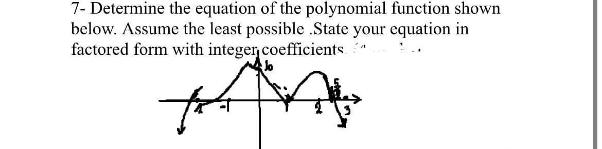 7- Determine the equation of the polynomial function shown
below. Assume the least possible .State your equation in
factored form with integer coefficients
