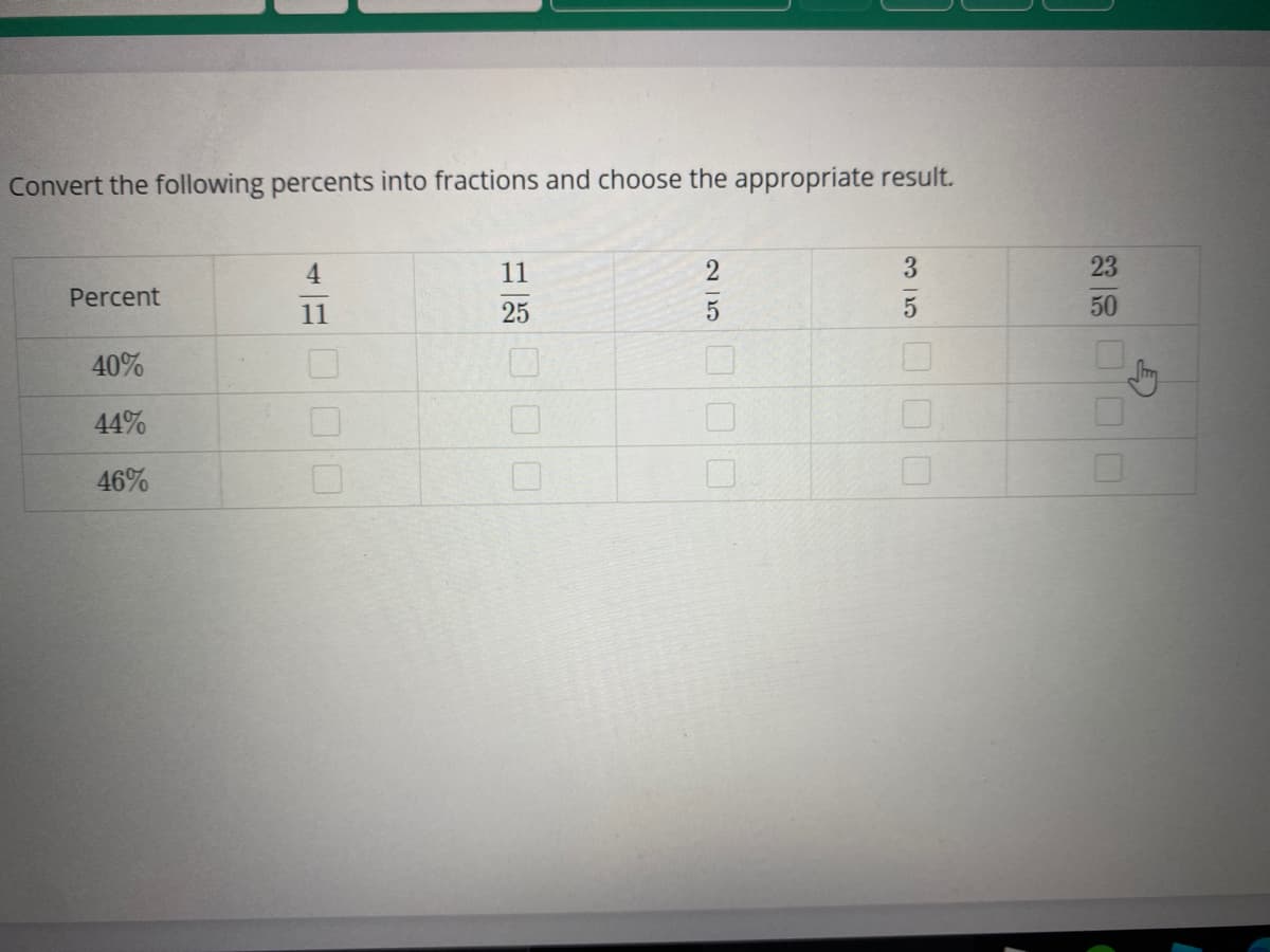 Convert the following percents into fractions and choose the appropriate result.
4
11
2
23
Percent
11
25
50
40%
44%
46%
2 15
