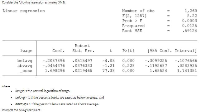 Consider the following regression estimates (XM3):
Linear regression
Number of obs
1,260
8.22
F(2, 1257)
Prob > F
0.0003
R-squared
0.0125
Root MSE
.59124
Robust
lwage
Coef.
Std. Err.
t
P>|t|
[95% Conf. Interval]
-.2087896
-.3099225
belavg
abvavg
.0515497
-4.05
0.000
-.1076566
-.0454376
.0376333
-1.21
0.228
-.1192687
.0283935
_cons
1.698296
.0219465
77.38
0.000
1.65524
1.741351
where
iwoge is the natural logarithm of wage,
belavg = 1 if the person's looks are rated as below average, and
abvavg = 1 if the person's looks are rated as above average.
Interpret the belovg coefficient.
I| || ||| I
