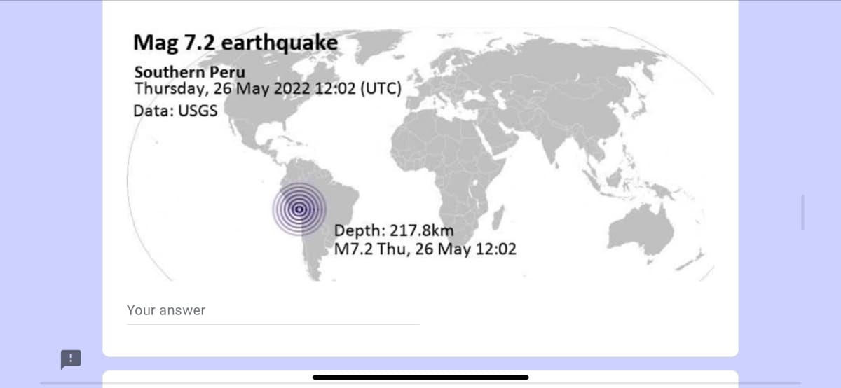 !
Mag 7.2 earthquake
Southern Peru
Thursday, 26 May 2022 12:02 (UTC)
Data: USGS
Your answer
Depth: 217.8km
M7.2 Thu, 26 May 12:02