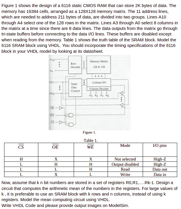 Figure 1 shows the design of a 6116 static CMOS RAM that can store 2K bytes of data. The
memory has 16384 cells, arranged as a 128X128 memory matrix. The 11 address lines,
which are needed to address 211 bytes of data, are divided into two groups. Lines A10
through A4 select one of the 128 rows in the matrix. Lines A3 through A0 select 8 columns in
the matrix at a time since there are 8 data lines. The data outputs from the matrix go through
tri-state buffers before connecting to the data I/O lines. These buffers are disabled except
when reading from the memory. Table 1 shows the truth table of the SRAM block. Model the
6116 SRAM block using VHDL. You should incorporate the timing specifications of the 6116
block in your VHDL model by looking at its datasheet.
A10
Memory Matrix
Row
Decoder
128 X 128
A4
...
107
Column I/0
Input
Data
Column Decoder
Control
A3 A2 A1 Ao
OE D
WE
CS
Figure 1.
Table 1.
CS
OE
WE
Mode
/0 pins
X
Not selected
High-Z
High-Z
Data out
X
Output disabled
Read
Write
L
H
H
L
H
X
Data in
Now, assume that k n bit numbers are stored in a set of registers RO,R1,...Rk-1. Design a
circuit that computes the arithmetic mean of the numbers in the registers. For large values of
k, it is preferable to use an SRAM block with k rows and n columns, instead of using k
registers. Model the mean computing circuit using VHDL.
Write VHDL Code and please provide output images on ModelSim.
...
...
..
