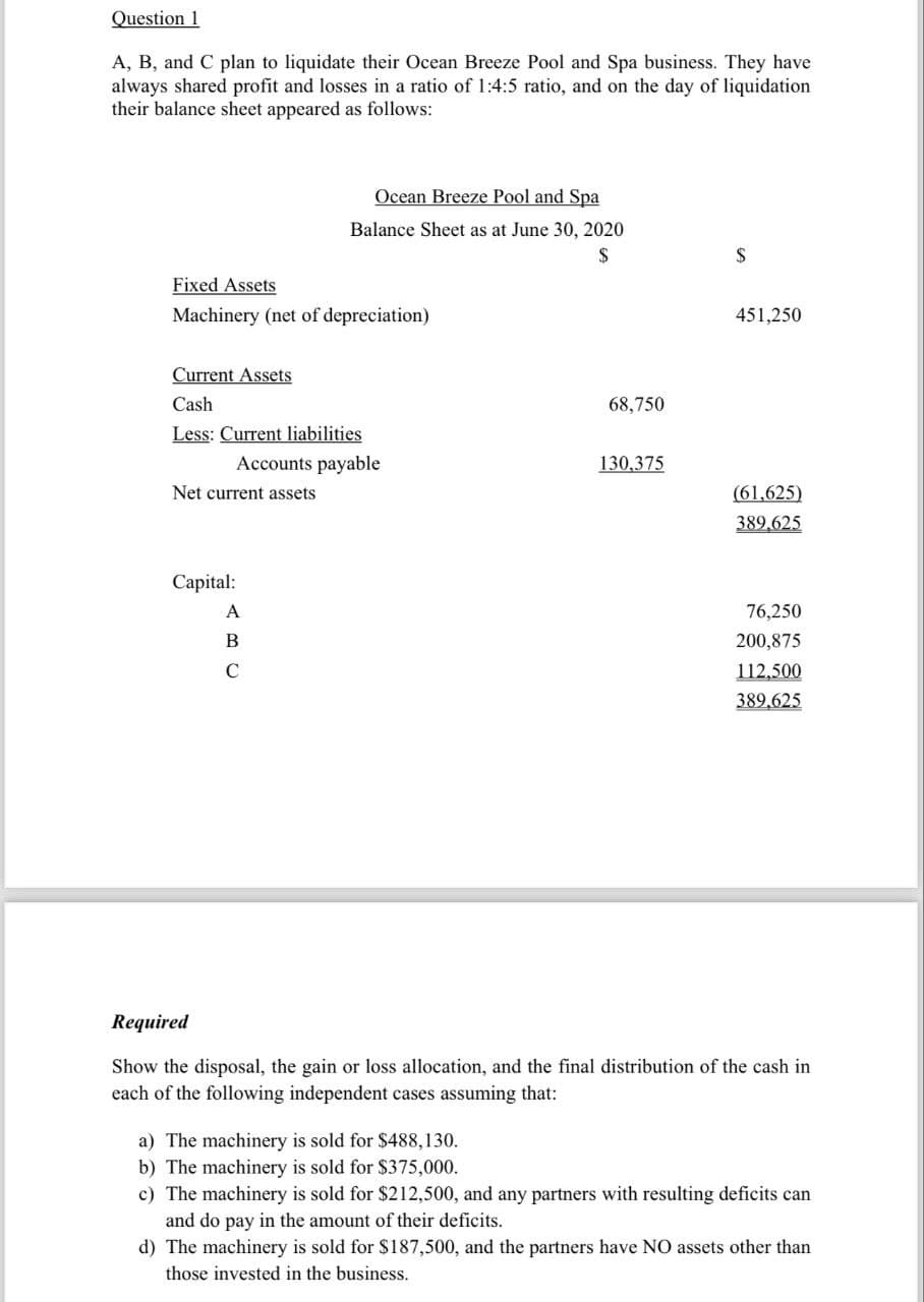 Question 1
A, B, and C plan to liquidate their Ocean Breeze Pool and Spa business. They have
always shared profit and losses in a ratio of 1:4:5 ratio, and on the day of liquidation
their balance sheet appeared as follows:
Ocean Breeze Pool and Spa
Balance Sheet as at June 30, 2020
$
$
Fixed Assets
Machinery (net of depreciation)
451,250
Current Assets
Cash
68,750
Less: Current liabilities
Accounts payable
130,375
Net current assets
(61,625)
389,625
Capital:
A
B
C
76,250
200,875
112,500
389,625
Required
Show the disposal, the gain or loss allocation, and the final distribution of the cash in
each of the following independent cases assuming that:
a) The machinery is sold for $488,130.
b) The machinery is sold for $375,000.
c) The machinery is sold for $212,500, and any partners with resulting deficits can
and do pay in the amount of their deficits.
d) The machinery is sold for $187,500, and the partners have NO assets other than
those invested in the business.