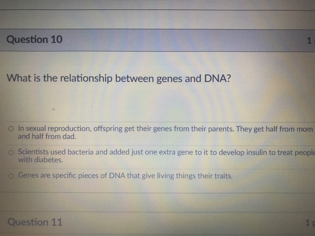 Question 10
What is the relationship between genes and DNA?
o In sexual reproduction, offspring get their genes from their parents. They get half from mom
and half from dad.
o Scientists used bacteria and added just one extra gene to it to develop insulin to treat people
with diabetes.
o Genes are specific pieces of DNA that give living things their traits.
Question 11
1 P
