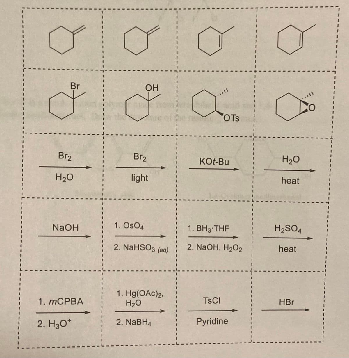 3.
Br
OH
ue of
ire
OTs
Br2
Br2
KOt-Bu
H2O
H2O
light
heat
NaOH
1. OsO4
1. ВНз: THF
H2SO4
2. NaHSO3 (aq)
2. NaOH, H2O2
heat
1. Hg(OAc)2,
H2O
1. ТСРВА
TSCI
HBr
2. H30*
2. NABH4
Pyridine
