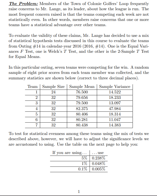 The Problem: Members of the Town of Colonie Golfers' Loop frequently
raise concerns to Mr. Lange, as its leader, about how the league is run. The
most frequent concern raised is that the teams competing each week are not
statistically even. In other words, members raise concerns that one or more
teams have a statistical advantage over other teams.
To evaluate the validity of these claims, Mr. Lange has decided to use a mix
of statistical hypothesis tests discussed in this course to evaluate the teams
from Outing #14 in calendar-year 2016 (2016, #14). One is the Equal Vari-
ances F Test, one is Welch's T Test, and the other is the 2-Sample T Test
for Equal Means.
In this particular outing, seven teams were competing for the win. A random
sample of eight prior scores from each team member was collected, and the
summary statistics are shown below (correct to three decimal places).
Team Sample Size Sample Mean | Sample Variance
1
24
2
32
3
32
4
5
6
7
32
32
32
32
76.500
79.656
79.500
82.375
80.406
80.281
80.438
To test for statistical evenness among these teams using the mix of tests we
described above, however, we will have to adjust the significance levels we
are accustomed to using. Use the table on the next page to help you:
If you are using...... use
0.238%
5%
1% 0.048%
0.1% 0.005%
14.522
18.233
13.097
47.984
18.314
11.047
14.383
1